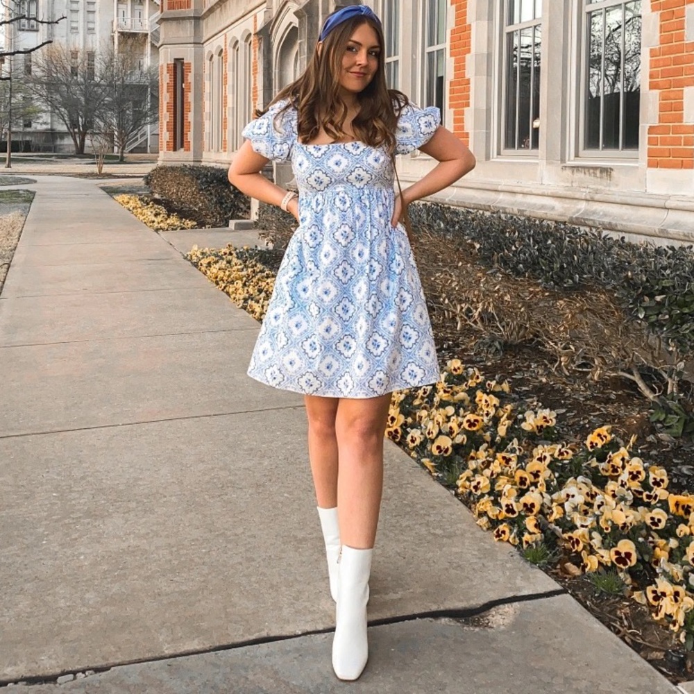 ANTONIO MELANI Blue and White Lace Dress
